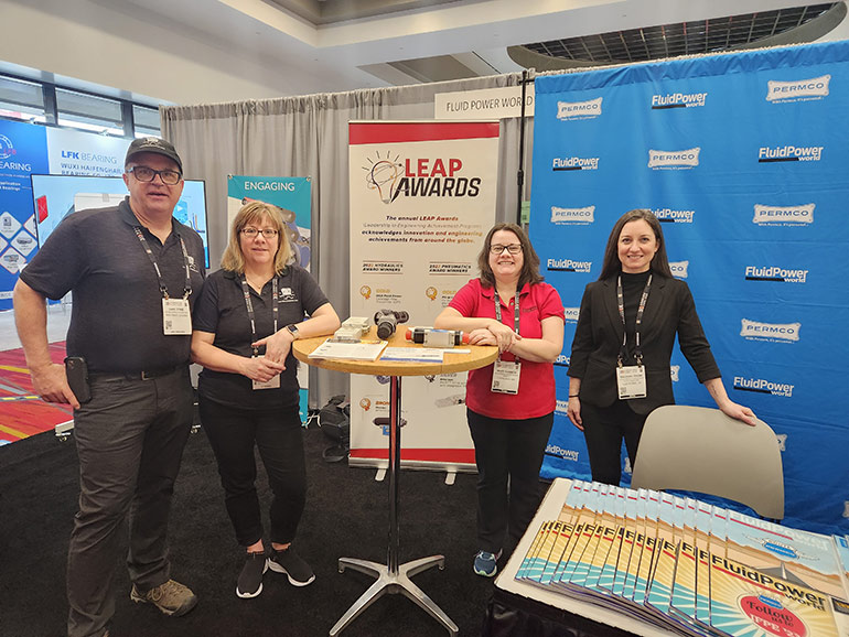 Carl and Lenore Dyke from CD Industrial Group/Lunchbox Sessions, joined the Fluid Power World staff, including Mary Gannon and Rachael Pasini, in the FPW booth to answer questions about their training options.