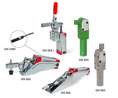 For high retaining forces, such as are required in car body manufacturing or in pressing or welding lines, Winco provides the pneumatically operated power clamps of the family GN 864. As part of its optimization strategy, Winco has made two valuable improvements here. The housings of the standard versions are no longer blackened; they are chemically nickel-plated instead, which considerably increases the corrosion resistance. The FG type is designed specially for welding jigs: The PTFE coating in a characteristic green color prevents weld spatter from sticking – a useful addition to the optionally available protective covers, which ensure long-lasting operation even in aggressive environments.