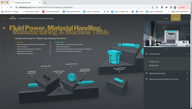 Trelleborg's Virtual Sealing Showroom is broken up into areas such as aerospace, material handling, food and beverage, off-highway, and more. Here is a look at the fluid power segment.