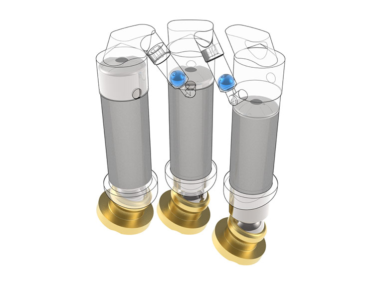 The drawing shows three of the nine pistons and cylinders of the A4FO28-pump. Each cylinder is connected to two shuttles, as is shown for the middle cylinder. In total, the revised pump has nine shuttles applied. 