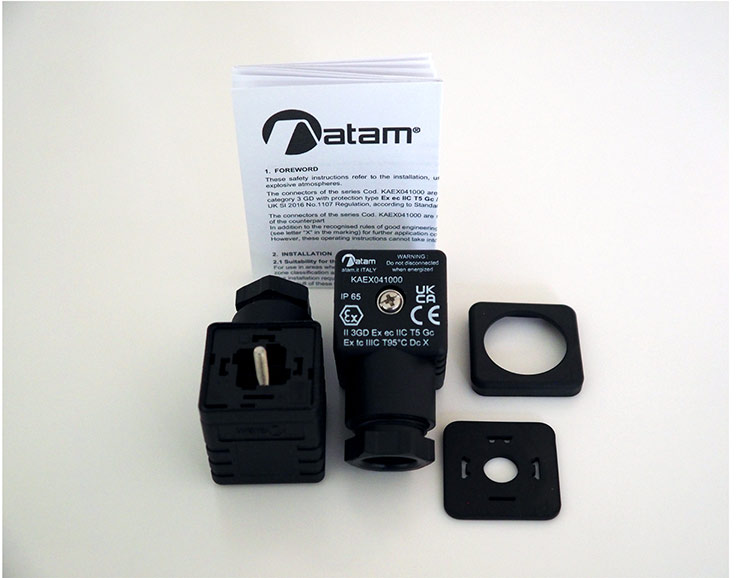 ATAM's ATEX Form A Connector kit with gaskets, standard DIN connection and details of use