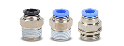 Figure 1. Three fittings that look similar but are different. From left to right: MS516-38N, MS8M-38R, MS8M-38G. All accept 5⁄16 (8 mm) tubing and have 3⁄8-in. threads but are of different thread types and not interchangeable.