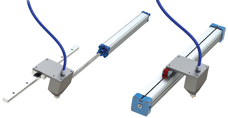 Figure 2: This glue station application depicts how a traditional rodded cylinder (at left) creates a large overhang and requires a mechanical slide, while a rodless cylinder (at right) accomplishes the motion in a small footprint with no additional mechanism.