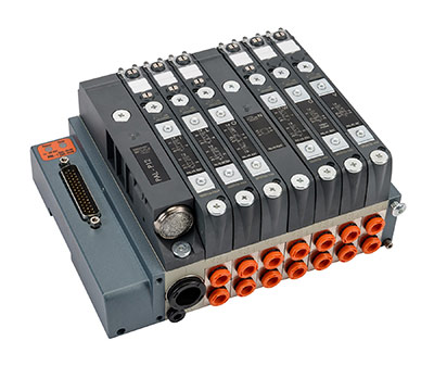 Figure 1: Pneumatic valve banks are a compact way to simplify plumbing, but they still require many hardwired signals.