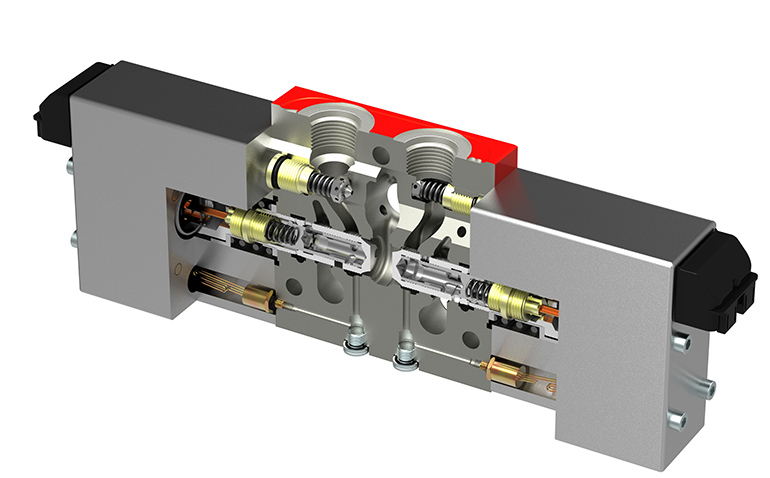 The LVS12 proportional valve with split spools allows for independent activation of control edges that govern metering in and out.