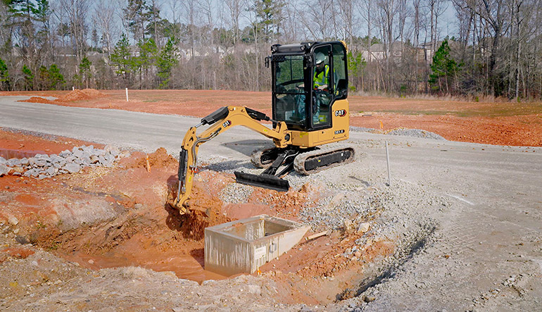 Cat’s electric-powered 301.9 mini excavator features a run-time of up to 8 hours on a single charge; up to 5 hours in continuous trenching.