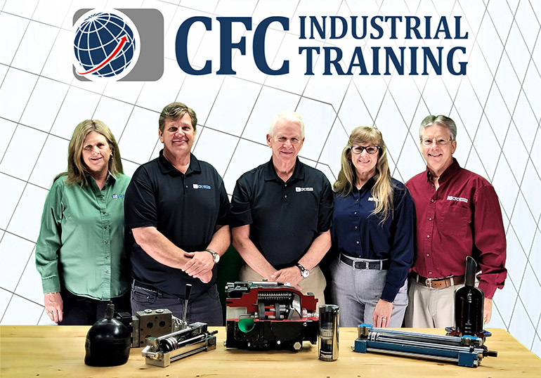 CFC Industrial Training from left to right: Ruth Hoffman (CFO), JR Rhodes (president), Bob Sheaf (founder, retired), Janet Turner (CEO), and Dan Turner (president and owner, Turner Hydraulics)