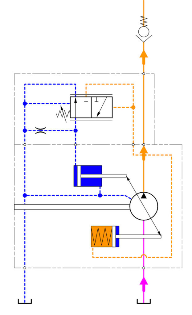 Schematic shows how retraction of one cylinder provides fluid to extend the other. 