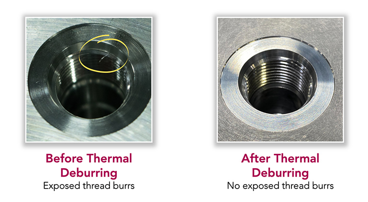 Daman manifold thermal deburring of thread burrs