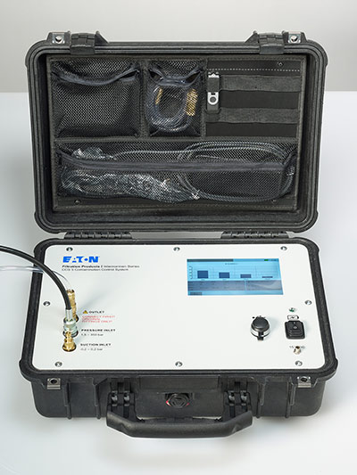 Eaton’s CCS 5 contamination control system is a mobile instrument that determines the solid contamination particle size distribution, water saturation and temperature of hydraulic fluids in real-time.