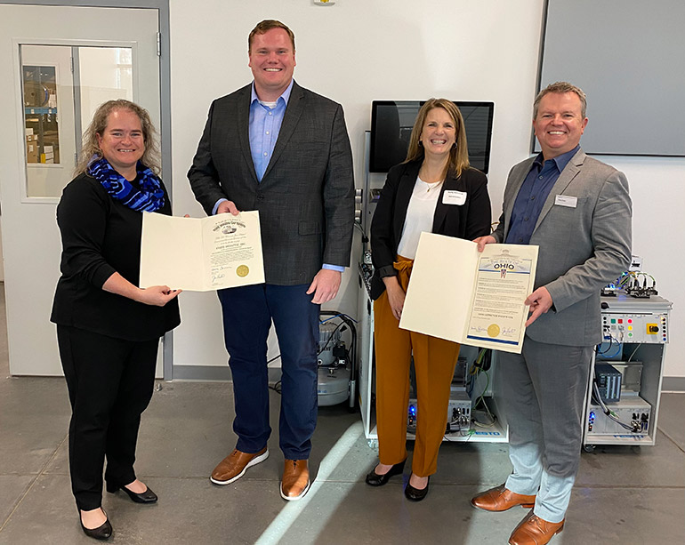 Festo Didactic announces on November 4 the expansion of its Mechatronics Apprenticeship Program and receives State of Ohio proclamations for its continuing efforts to advance technology careers within Ohio. (l to r) Kim Harper-Gage, COO North America, Festo; Derek Chancellor, Southwest Ohio Regional Liaison for Lt. Governor Jon Husted; Holly Endicott, Program Administrator ApprenticeOhio; and Tony Oran, VP Sales, Festo Didactic North America.