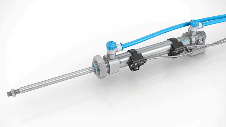 Pneumatic cylinder with proximity sensors utilized for two position automated motion.