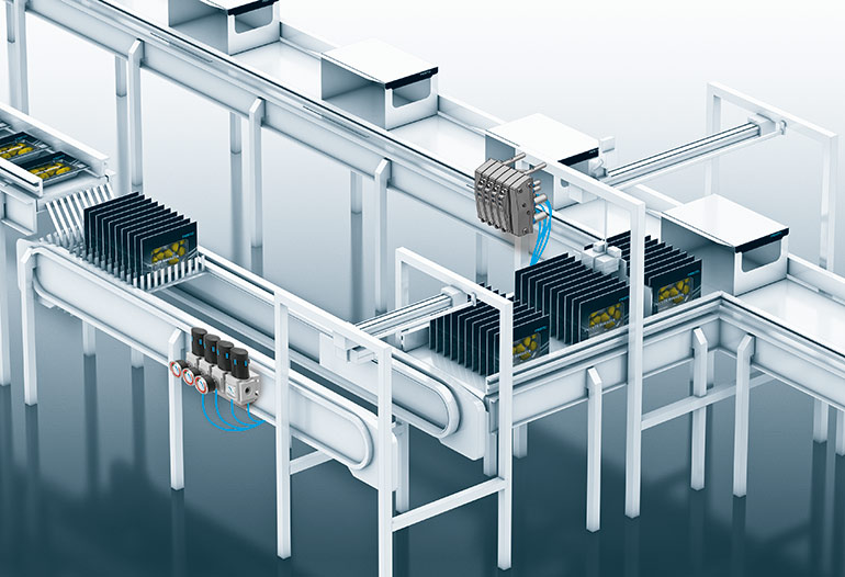 The MPA-C manifold, top center, is installed in a hard to adjust position. Proportional pressure regulators, lower left, plumbed to the manifold, solve the adjustment problem. | courtesy of festo