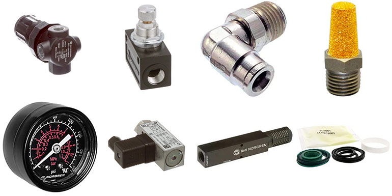 Allied Electronics & Automation offers an extensive portfolio of pneumatic and fluid control products from industry-leading suppliers including Norgren. In fact, Allied supplies more than 20,000 pneumatic and fluid control products just from Norgren, including (from top left to top right and then bottom left to bottom right) air regulators, flow control valves, tube fittings, mufflers, pressure gauges, pressure switches, vacuum pumps and piston seal kits.