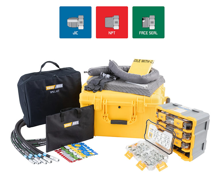 Hose Box's Emergency Kit includes Danfoss or Gates hose and fittings in NPT, JIC, or Face Seal. They also include educational materials and an environmentally friendly spill kit.