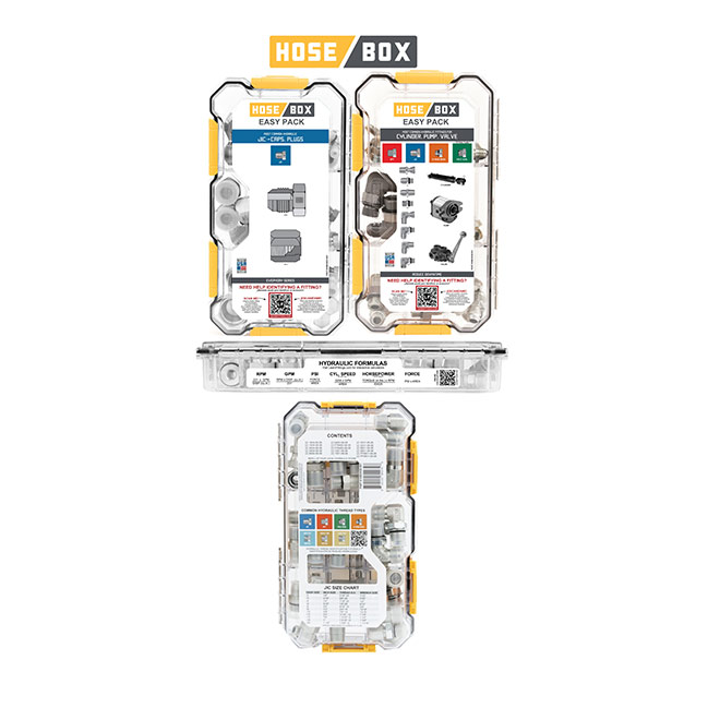 Hose Box's all-in-one Hydraulic Fittings Towers have the same adapters and fittings that the Emergency Kits feature without the large case, hoses, educational materials, and spill kit.