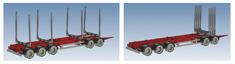 The vertical stakes and horizontal banks on unloaded timber trucks cause significant aerodynamic drag when traveling at highway speeds. Bundling them together at one point reduces air resistance and can cut vehicle fuel consumption by around 5%. | courtesy of Gustav Näslund, GN Tech