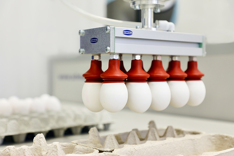 Round bellows FG-X suction pad reliably grips and transfers eggs of different sizes.