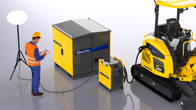 Komatsu's portable charging concept for mini-excavator is a concept designed for environments without a power supply.