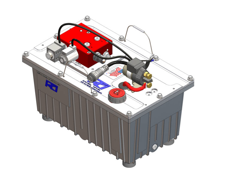 A graphic of a submerged hydraulic power unit (HPU) base unit with a double-single acting manifold assembly from KTI Hydraulics.