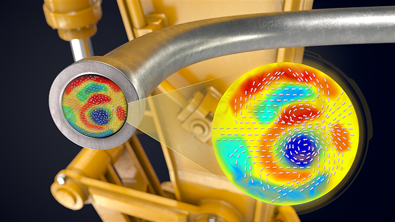 Figure 1. As a result of its distinct molecular structure, Lucant lowers the number of parasitic losses that occur when fluid flows around bends, twists and turns, or through valves, filters and other nonlinear hardware flow paths. This image illustrates a secondary flow field (denoted by the arrows) as a fluid navigates a 90° bend in a pipe.