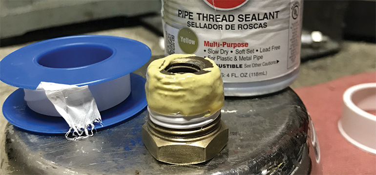 Teflon tape makes a good, leak-tight seal in NPT fittings, but the tape can introduce contamination and if not wound properly, can reduce proper sealing as well.