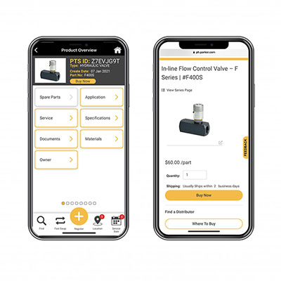 Opening the PTS mobile app, the gold "buy now" button makes it even easier to order additional Colorflow needle, metering, flow control and check valves.