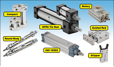 Pneumatic actuators are available in a variety of configurations, and most incorporate cylinders in one way or another. Image courtesy of AutomationDIrect