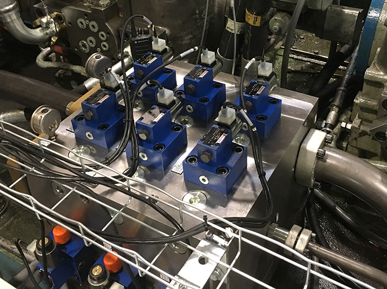 Bosch Rexroth and GEI engineers configured new manifolds to make more-effective use of available space. The manifolds include Rexroth LC-LFA cartridge directional-control valves, which can be independently controlled to maximize system efficiency and minimize shock.