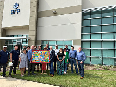 Managing Director Frank Fuchs (front, 3rd from right) and Roth Industries' General Counsel Matthias Jäger (back, 4th from right) brought the picture, which can be seen at many Roth locations worldwide as a symbol of corporate values and diversity, to the inaugural visit to the staff and managers of the new Roth Hydraulics subsidiary SFP Hydraulics in the USA. (Roth Hydraulics)