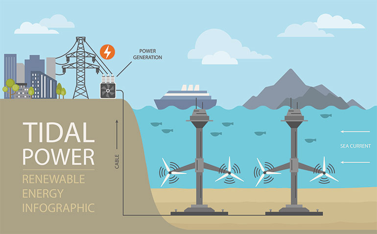 Infographic demonstrates how tidal power is converted to on-shore power generation. 