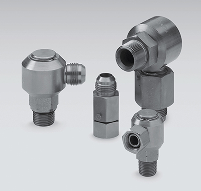 Live swivels manufactured by Tompkins Industries include inline, 90° and dual-plane versions. They’re available with many combinations of male and female pipe, NPSM, JIC and O-ring face seal connections. 