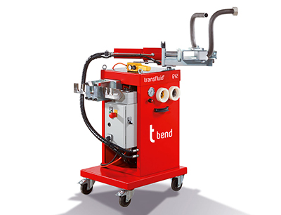 Mobile hydraulic tube bending machine from transfluid with integrated tube burring unit and cutting ring pre-assembly tool.