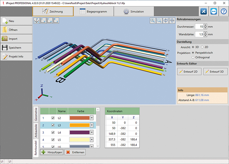 The transfluid software t project is able to generate and simulate tubes inline to other tubes specialy for the hydraulic.