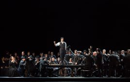 A scene from Mascagni’s “Cavalleria Rusticana.” Turner Hydraulics/TASCorp. created a unique hub to control the hydraulics, Ethernet and power distribution for the opera’s rear wagon turntable. | Courtesy of Marty Sohl / Met Opera