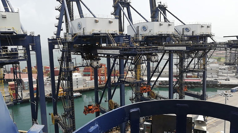 Some of the dozens of cranes using the ZeroLeaks hose program at the Hutchison Port in Panama.