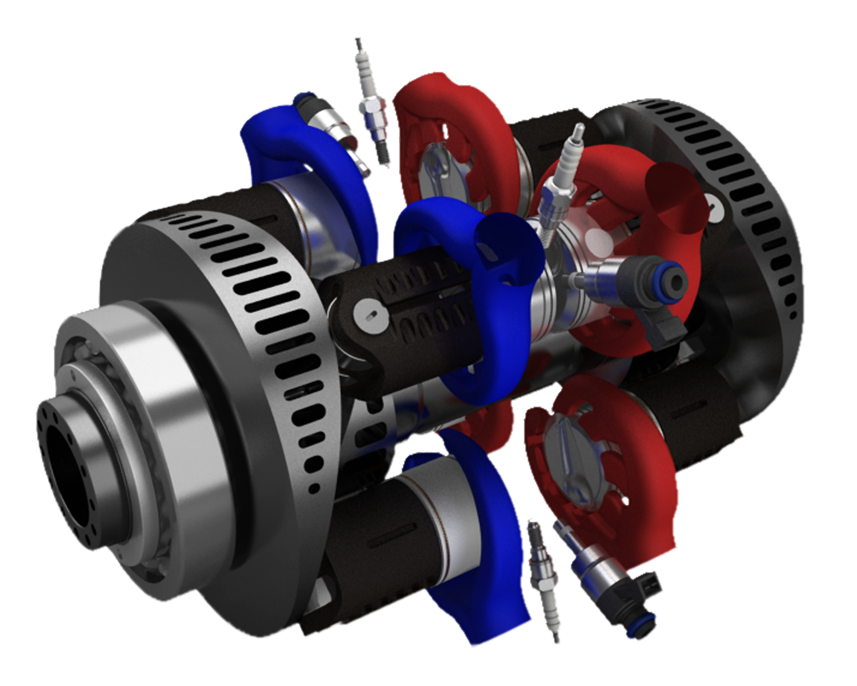 In INNengine's design, there are two identical/reciprocal cam-tracks whose profile defines the engine's cinematic and whose projection forms the main shaft which is hollow and split.